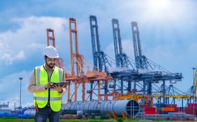 Fototapete - Engineer wearing uniform inspection and see detail on tablet with logistics container dock cargo yard with working crane bridge in shipyard with transport logistic import export background.