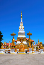 Phra That Nakhon Pagoda With Blue Sky In Wat Maha That Temple Beside The Road Is An Important Landmark Of Nakhon Phanom Province Thailand