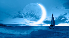 A Lonely Yacht Sails On The Sea,  Crescent Or New Moon  In The Background 