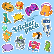 Sticker Pack With Various Cartoon Colorful Children's Illustration. Animal Characters, Food And Design Elements. Cute And Funny Emotional Characters For Printing And Web. With Cutting Contour.
