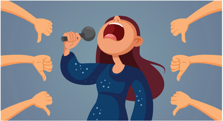 Wall Mural - Girl With Terrible Singing Voice Receiving Negative Feedback Vector Cartoon