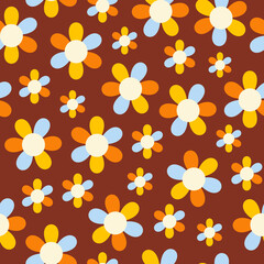 Wall Mural - Floral seamless pattern with hippie retro elements on a terracotta background. Trendy vector groovy design in style 60s, 70s