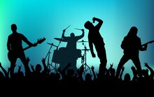 Alternative Band Musicians Concert With Crowd Silhouettes. Live Music And Entertainment Concept