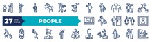Set Of Thin Line People Icons. Outline Icons Such As Hide And Seek, Student Books, Torso, Healthcare And Medical, Woman Carrying, Smoking Man, Man Pushing Child, Tumb Up Business Man, Waves Danger