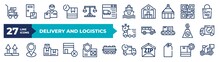Set Of Thin Line Delivery And Logistics Icons. Outline Icons Such As Package On Trolley, Scale, Delivery Containers, Cargo Bus, Side Up, Logistic Protection, Zip Code, Tag, Scooter Delivery Vector