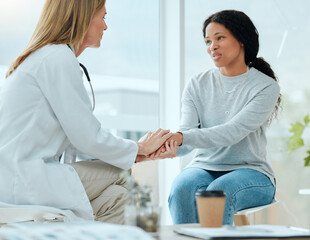 Poster - Hey, itll be okay. Shot of a mature doctor and her patient discussing her latest results in the waiting room.