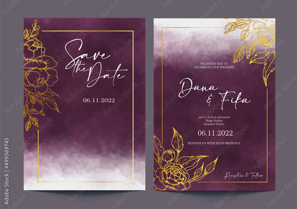 Elegance Dark purple wedding invitation wtercolor background template