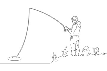 Poster - One continuous line.Fisherman on the river bank. Fisherman with a fishing rod.Fishing on the river. Fishing with spinning. One continuous line drawn isolated, white background.