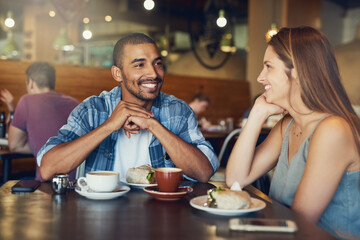 Poster - This place is amazing - I wish we discovered it earlier. Cropped shot of a young couple on a date in a cafe.