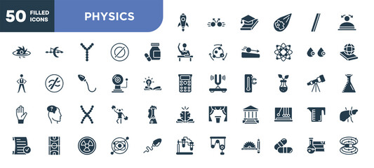 Wall Mural - set of 50 filled physics icons. editable glyph icons collection such as rocket launch, medicines, alarm bell, chromosomes, academy, gyroscope, science book vector illustration.