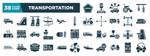 Transportation Glyph Icons Set. Editable Filled Icons Such As Do Not Enter, 4x4, Shock Absorber, Ferry Boat, Fog Lamp, Army Helicopter Bottom View, Driving Pass, Tow Vector Illustration