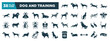 dog and training glyph icons set. editable filled icons such as dog smelling dog, bulterrier, beagle, sawfly, pet clo, dogs, grooming pet, pet toy vector illustration