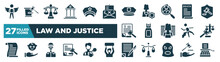 Set Of Law And Justice Icons In Filled Style. Glyph Web Icons Such As Innocent, Court, Police Cap, Death Certificate, Pepper Spray, Law And Justice, , Wills And Trusts Editable Vector.