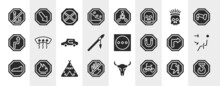 Pictograms Filled Icons Set. Editable Glyph Icons Such As No Fishing, Falling Rocks, Native American Skull, Windshield Defrost, Dry In High Heat, Air Outlet, Native American Wigwam, Cycle Lane