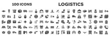 Set Of 100 Filled Logistics Icons. Editable Glyph Icons Collection Such As Clamp As Indicated, Do Not Use Cutter, Delivery Insurance, Delivery Box, Stack Package, Pallets, Package Delivery, Storage