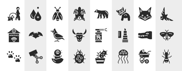 Wall Mural - insects filled icons set. editable glyph icons such as walking the dog, turtle, fox, bat, anti flea, moth, chick, jellyfish vector.