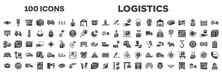 Wall Mural - set of 100 filled logistics icons. editable glyph icons collection such as clamp as indicated, do not use cutter, delivery insurance, delivery box, stack package, pallets, package delivery, storage