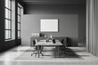 Grey office room with desk and laptop, panoramic window, mockup frame