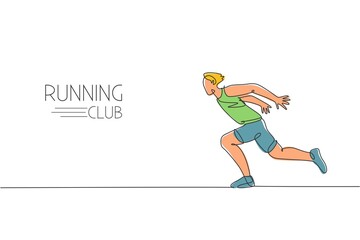Poster - One single line drawing of young energetic man runner sprint run so fast vector illustration. Individual sports, training concept. Modern continuous line draw design for running competition banner