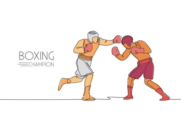 Poster - One continuous line drawing of two young sporty men boxer show exciting fight. Competitive combat sport concept. Dynamic single line draw design vector illustration for boxing match promotion poster