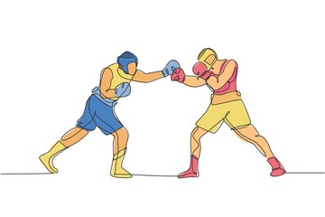 Poster - One continuous line drawing of two young sporty men boxer duel at boxing ring. Competitive combat sport concept. Dynamic single line draw design vector illustration for boxing match promotion poster