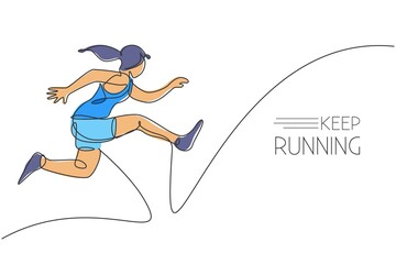 Wall Mural - One single line drawing of young energetic woman runner practicing to jump while run vector illustration. Healthy sport training concept. Modern continuous line draw design for running race banner