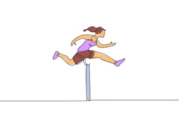 Poster - Single continuous line drawing of young happy health runner woman jump running through hurdle barrier at run track. Sport and healthy lifestyle concept. Trendy one line draw design vector illustration