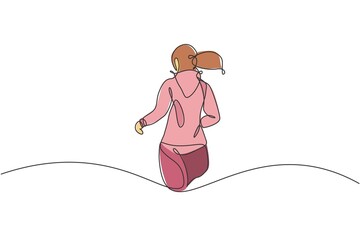 Poster - Single continuous line drawing of young happy health runner woman running at run track. Fun sport jogging and healthy lifestyle concept. Trendy one line draw design vector graphic illustration