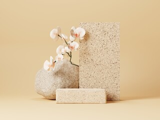 3d minimal brick display podiums with orchid flower and stone on beige background. 3d rendering of abstract presentation for product advertising. 3d minimal illustration.