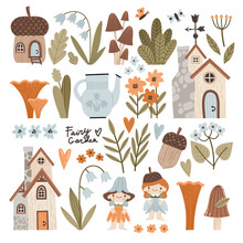 Vector Illustrations Set Of Forest Plants, Magic Houses, Flowers And Fairy Tale Characters. Cute, Fabulous Houses, Acorns, Mushrooms, Lilies Of The Valley In Cartoon Style.