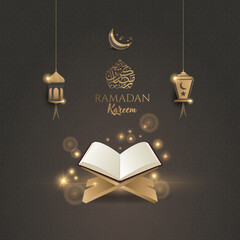 Wall Mural - Ramadan kareem 2022 background. Paper cut vector illustration with lantern,mosque, window, star and moon, place for text greeting card and banner	
