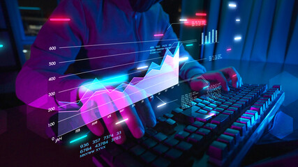 Wall Mural - Metaverse business meeting conference finance business stock exchange, crypto, blockchain data analytics report analyzing. businessman working on financial report. 