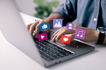 Poster - Content manager concept. Man works on laptop, publishes according to plan video, audio and images in social networks.