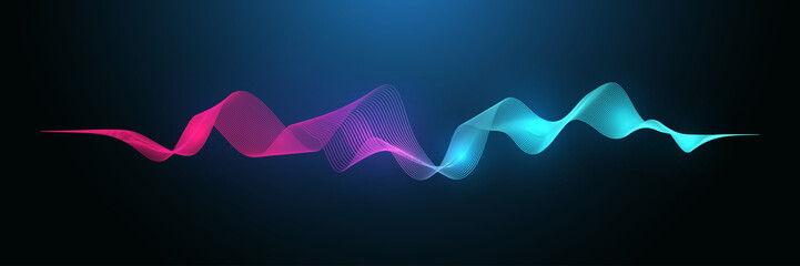 Poster - Music wave flow poster design with lines and dots. Sound flyer with abstract gradient line waves. Music abstract background illustration.
