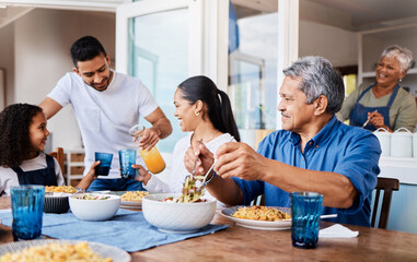 Poster - What did you put in these. Shot of a happy family having lunch together at home.