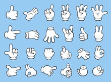 Retro Cartoon Gloved Hands Gestures. Thumb Up, Finger Count, Forefinger Pointing, Fist And Palm Waving Hello. Comic Style Character Hands Sign Vector Set