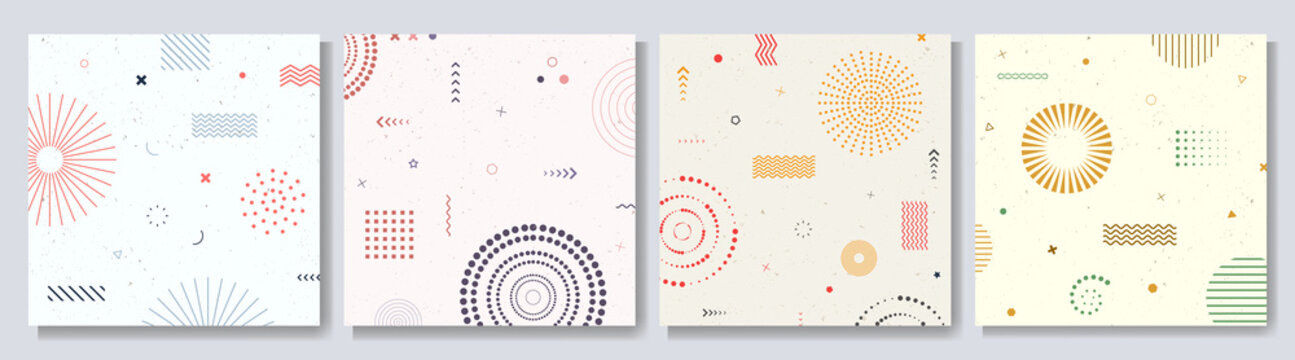 Vector abstract illustration. Neo memphis pattern poster collection. Vibrant color background. Cool bright wallpapers. Design for web banner, social media template, catalog. Retro vintage graphic