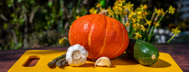 Wall Mural - Various vegetables on a wooden table in front of a blurred shrub in the garden.