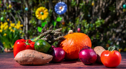 Wall Mural - Various vegetables on a wooden table in front of a blurred shrub in the garden.