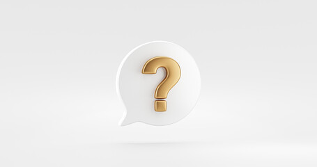 Fototapete - Gold question mark symbol 3d solution problem idea concept of golden faq information help support sign or confusion search answer icon and find suspicion solve isolated on white expression background.