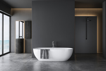 Dark grey bathroom with white bathtub and two sinks with square mirrors and shower area. Black minimalist design of modern bathroom. 3D rendering