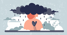 Psychology Art Concept, A Cloud With Rain Over A Person's Head. Illustration About Psychological Help, Depression In Teenagers, Midlife Crisis. Vector Banner About Bad Mood, Problems In Personal Life