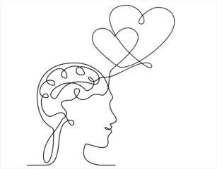 Wall Mural - Continuous one line drawing of human head with a hearts. Vector illustration