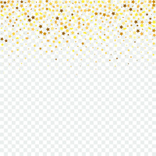 Star Sequin Confetti On Black Background. Christmas Party Frame. Vector Gold Glitter. Falling Particles On Floor. Isolated Flat Birthday Card. Golden Stars Banner. Voucher Gift Card Template.