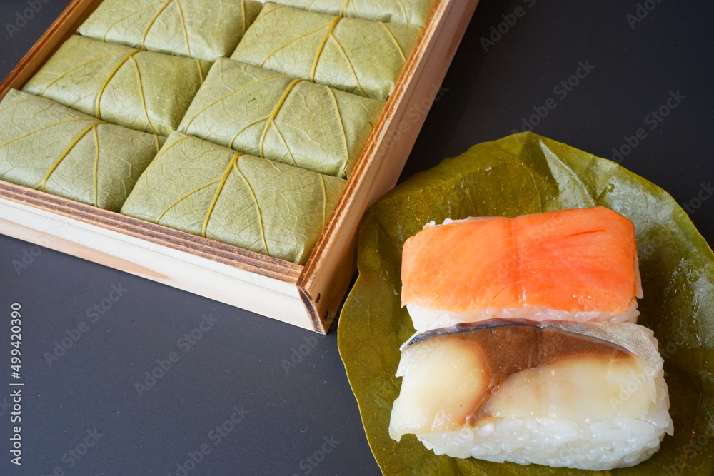 Persimmon Leaf Sushi or Kakinoha-sushi, Japanese food - 日本 Persimmon Leaf Sushi or Kakinoha-sushi, Japanese food - 日本
