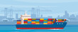 © Alena - Cargo ship leaves port after loading. Cargo ship with containers in the ocean. Seaport with cranes and warehouses. Cargo logistics. International cargo transportation and trade. Vector illustration.