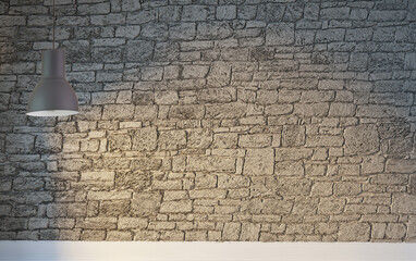  empty house interior design and lamp stone brick wall. 3D illustration