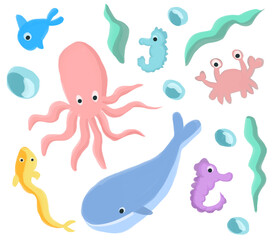 Vector Underwater world cartoon icon set. Tropical fish, corals, sand castle, starfish, shell, crab.