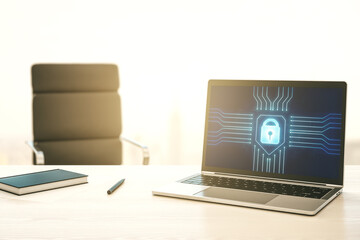 Poster - Modern computer monitor with creative lock hologram and chip. Information security concept. 3D Rendering