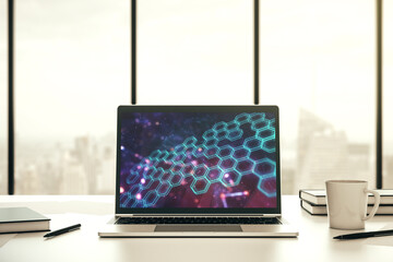Poster - Creative concept of wireless technology with hexagon hologram on modern laptop screen. Big data and database concept. 3D Rendering